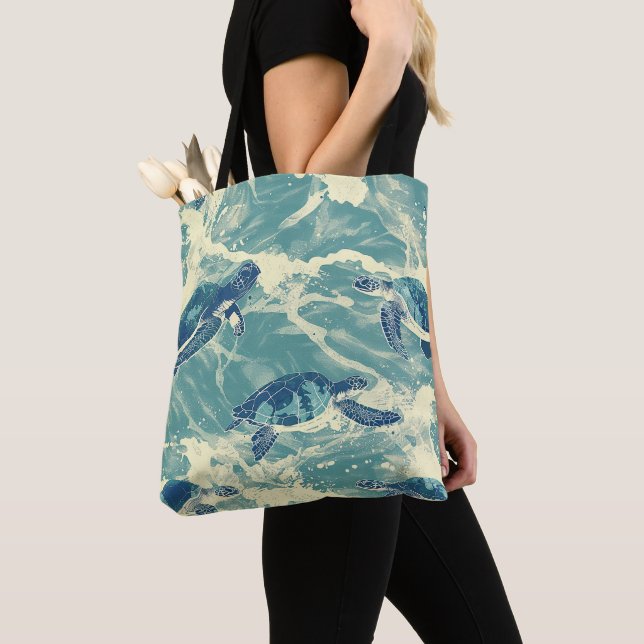 Ocean  Turtles Pattern Tote Bag (Close Up)