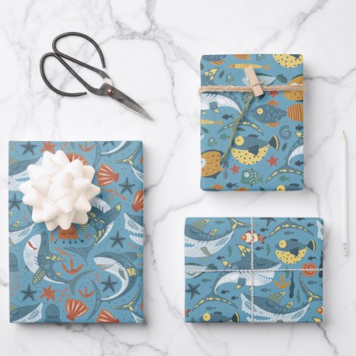 Ocean Under The Sea Birthday Shark Theme Pattern Wrapping Paper Sheets