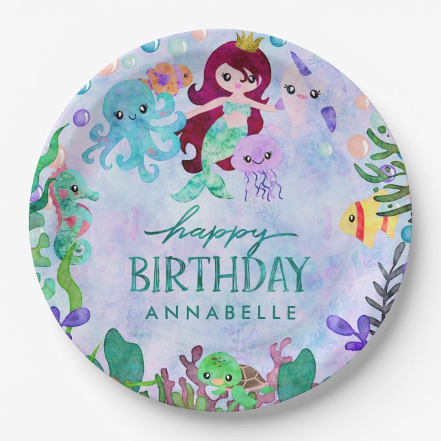 Ocean Under the Sea Mermaid Theme Happy Birthday Paper Plates (Front)