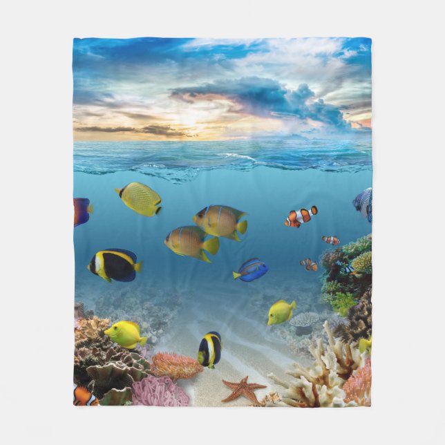 Ocean Underwater Coral Reef Tropical Fish Fleece Blanket (Front)