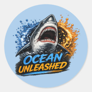 Ocean Unleashed Shark – Bold Blue & Orange Splash Classic Round Sticker
