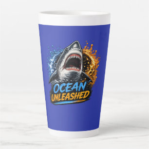 Ocean Unleashed Shark – Bold Blue & Orange Splash Latte Mug