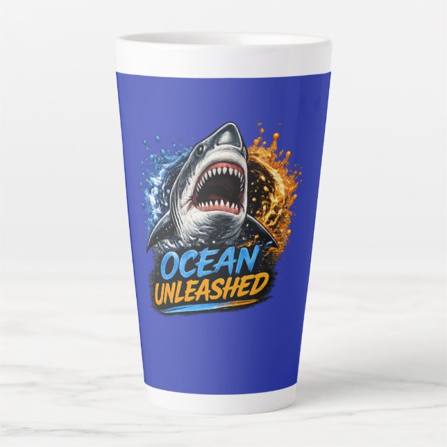 Ocean Unleashed Shark – Bold Blue & Orange Splash  Latte Mug (Front)