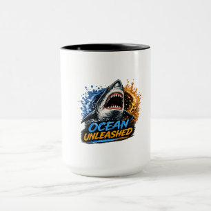 Ocean Unleashed Shark – Bold Blue & Orange Splash Mug