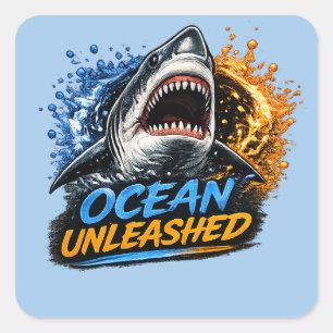 Ocean Unleashed Shark – Bold Blue & Orange Splash Square Sticker