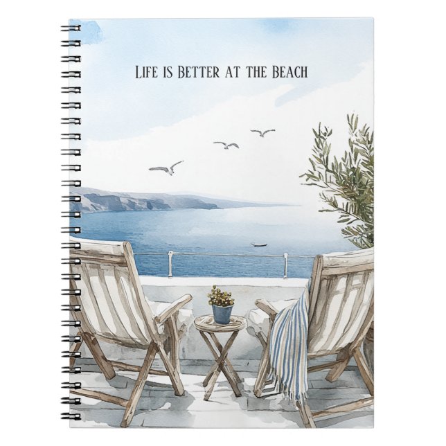 Ocean View Beach Birds Chairs Notebook (Front)