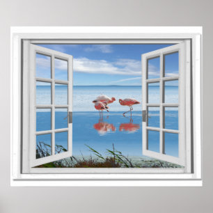 Ocean View Fake Window With Flamingos On Beach Poster