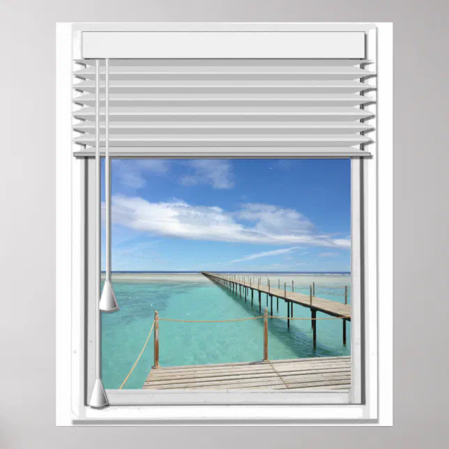 Fake Window Ocean View Ocean View Faux Window With Blind Poster | Zazzle
