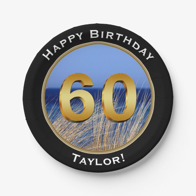 Ocean View Happy 60th Birthday with Name Paper Plates (Front)