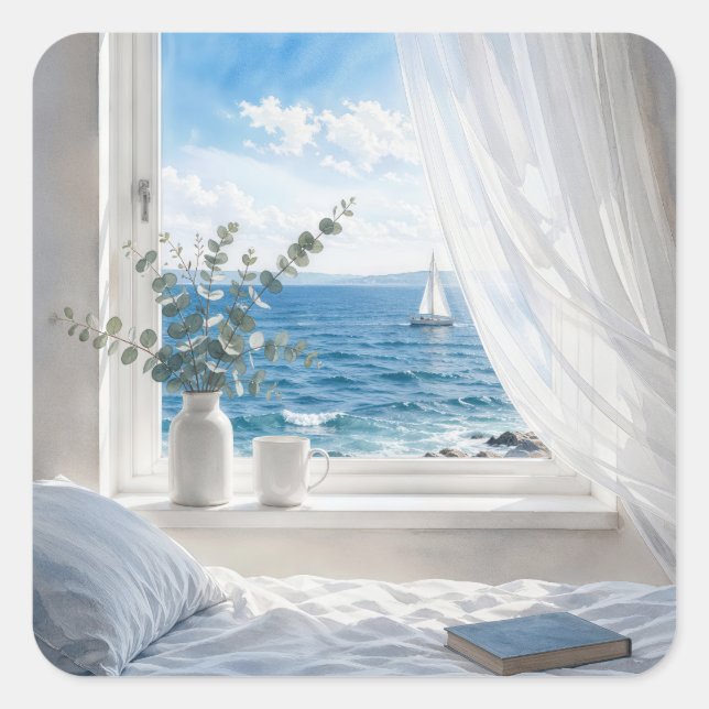 Ocean View in a Bedroom Window Square Sticker (Front)