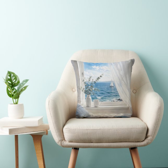 Ocean View in a Bedroom Window Throw Pillow (Chair)