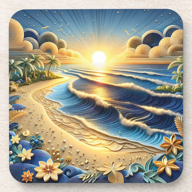 Ocean View Tropical Paper Quilling Effect  Beverage Coaster (Front)