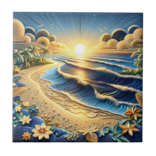 Ocean View Tropical Paper Quilling Effect Ceramic Tile