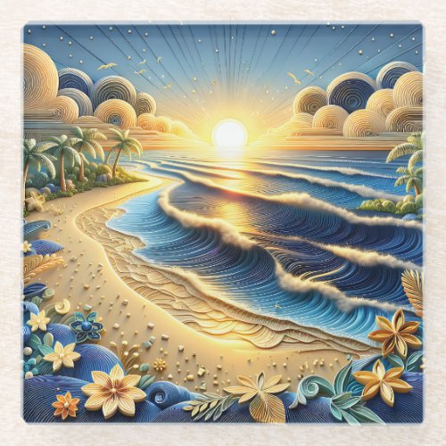 Ocean View Tropical Paper Quilling Effect  Glass Coaster