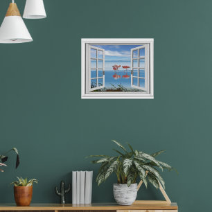 Ocean View Window With Flamingos In Water Poster