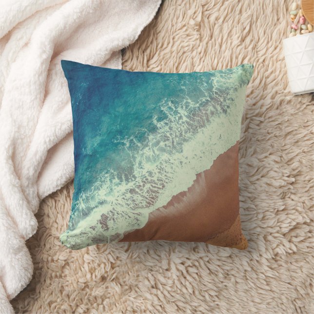 Ocean water beach sand summer shore blue brown  throw pillow (Blanket)