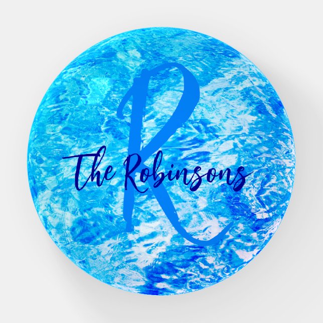 Ocean water blue teal Template family name initial Paperweight (Front)