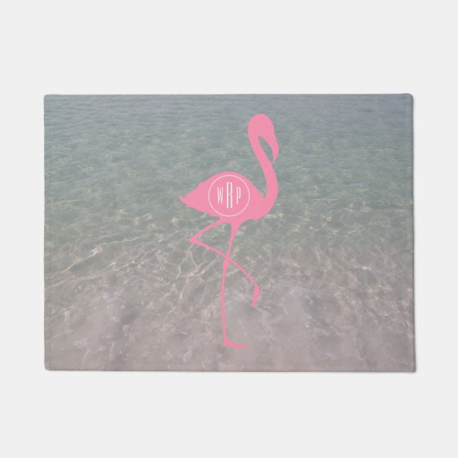 Ocean Water Monogram Pink Flamingo Doormat (Front)
