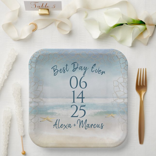Ocean Watercolor and Starfish Wedding Paper Plates (Wedding)