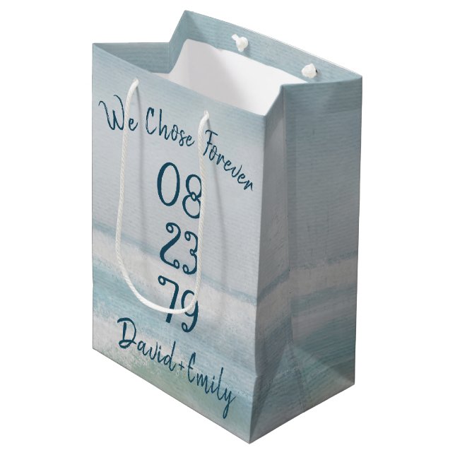 Ocean Watercolor Anniversary Wedding Date Medium Gift Bag (Front Angled)