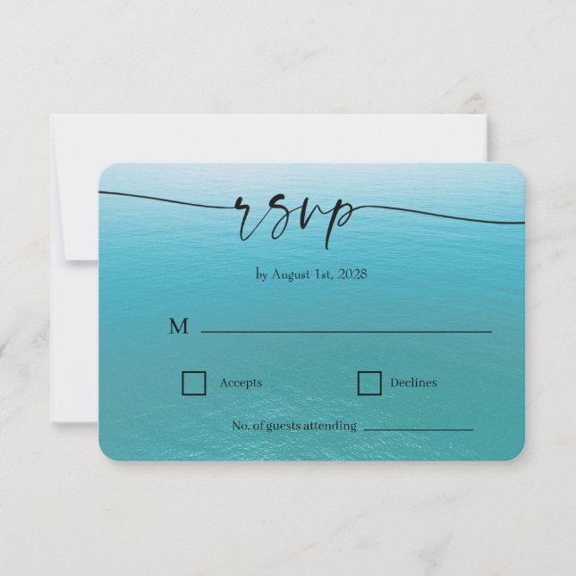 Ocean Watercolor Beach Script Wedding  RSVP Card (Front)