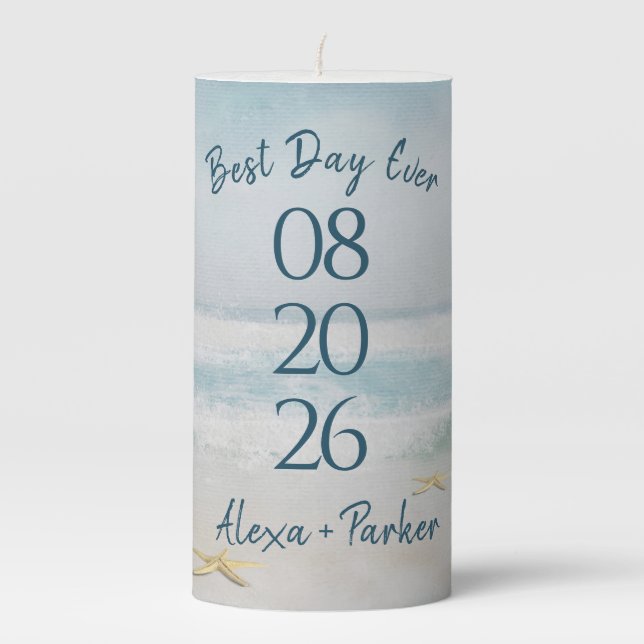 Ocean Watercolor Beach Wedding Date  Pillar Candle (Front)