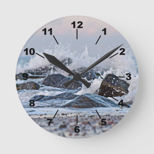 Ocean Watercolor Crashing Waves Rocks Splash  Round Clock