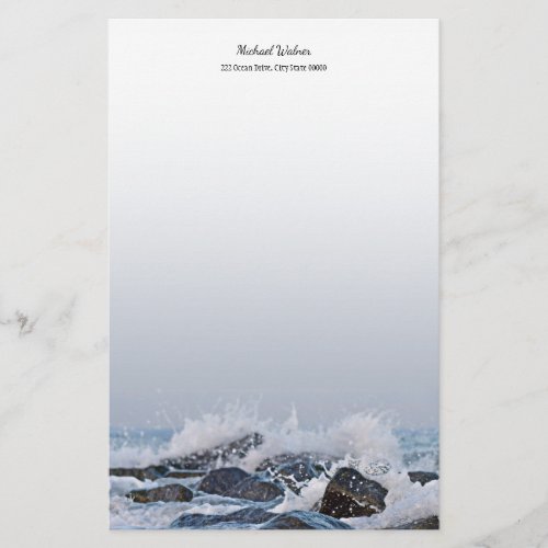 Ocean Watercolor Crashing Waves Rocks Splash  Stationery