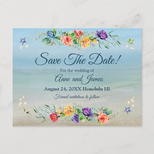 Ocean Watercolor Floral Wedding Save the Date Announcement Postcard