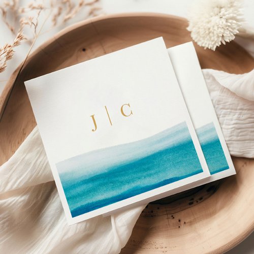 Ocean Watercolor Gold Initials Beach Wedding Napkins