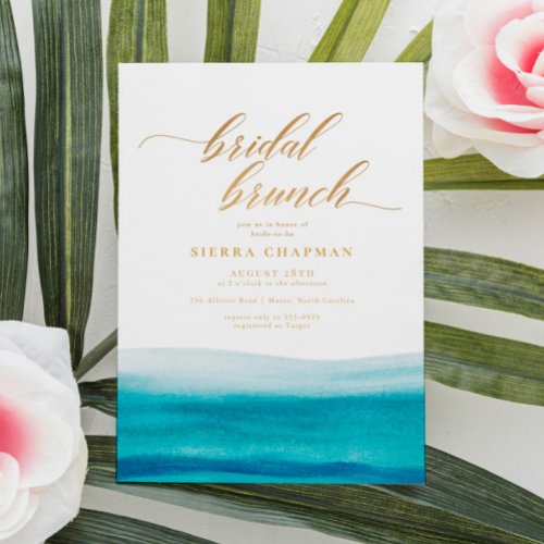 Ocean Watercolor Gold Script Beach Bridal Brunch Invitation