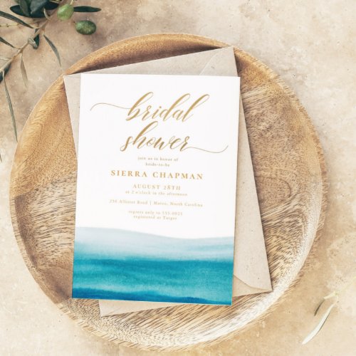 Ocean Watercolor Gold Script Beach Bridal Shower Invitation
