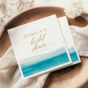Ocean Watercolor Gold Script Beach Bridal Shower Napkins