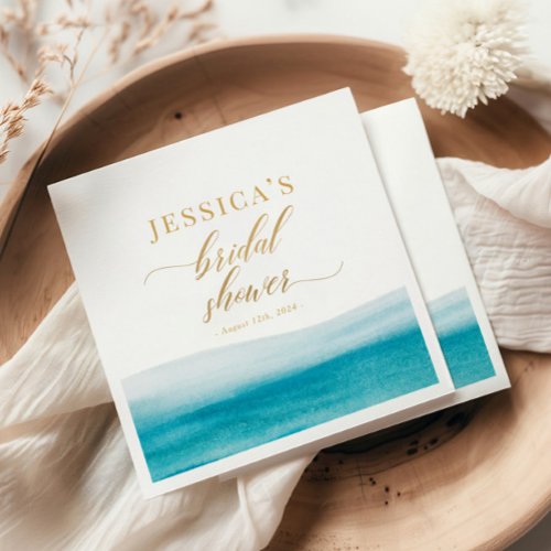 Ocean Watercolor Gold Script Beach Bridal Shower Napkins