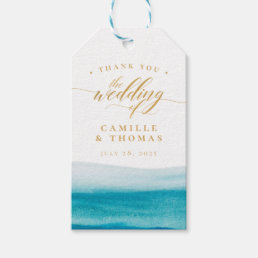 Ocean Watercolor Gold Script Beach Wedding Gift Tags