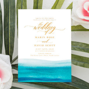 Ocean Watercolor Gold Script Beach Wedding Invitation