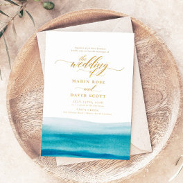 Ocean Watercolor Gold Script Beach Wedding Invitation