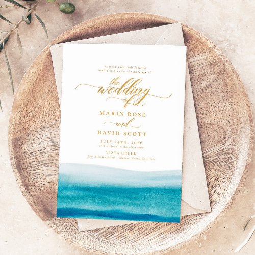 Ocean Watercolor Gold Script Beach Wedding Invitation