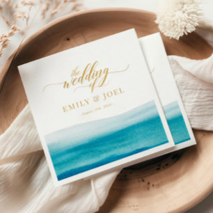 Ocean Watercolor Gold Script Beach Wedding Napkins