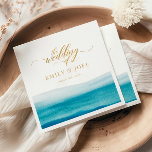 Ocean Watercolor Gold Script Beach Wedding Napkins