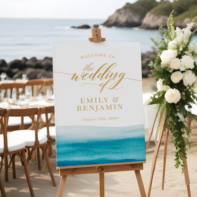 Ocean Watercolor Gold Script Beach Wedding Welcome Foam Board (Creator Uploaded)