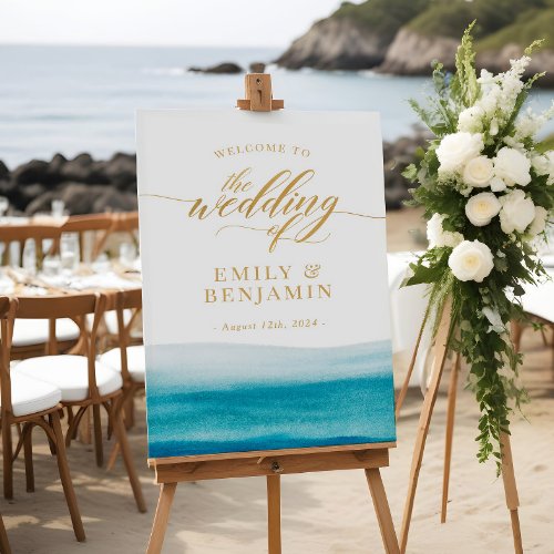 Ocean Watercolor Gold Script Beach Wedding Welcome Poster