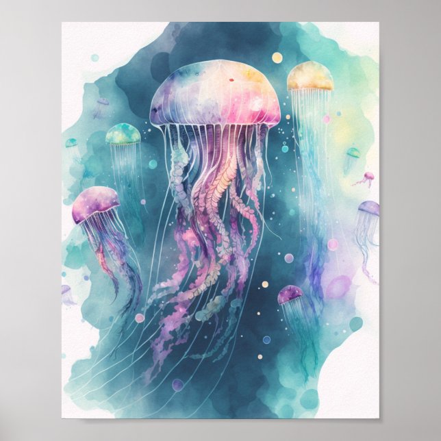 Ocean Watercolor Jellyfish Minimalistic Art Poster (Front)