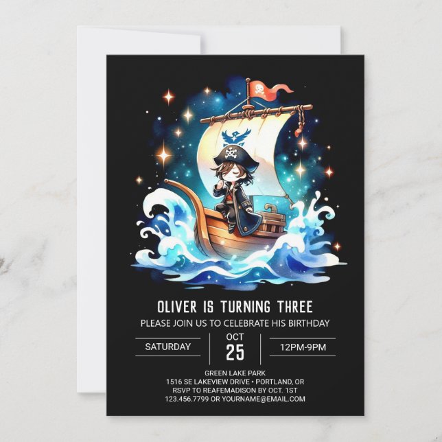 Ocean Watercolor Pirate Birthday Invitation (Front)