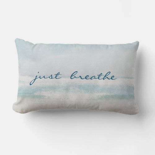 ocean watercolor with Just Breathe text Lumbar Pillow