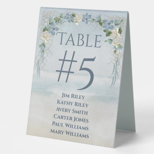 Ocean Watercolor with Wedding Floral Arch Table Tent Sign