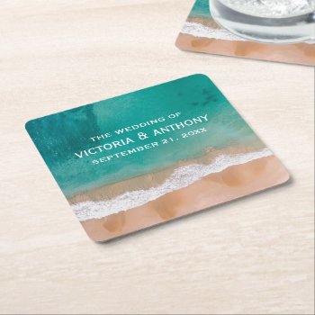 Ocean Wave  Beach Wedding Square Paper Coaster by StampedyStamp at Zazzle