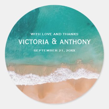 Ocean Wave  Beach Wedding Thank You Classic Round Sticker by StampedyStamp at Zazzle