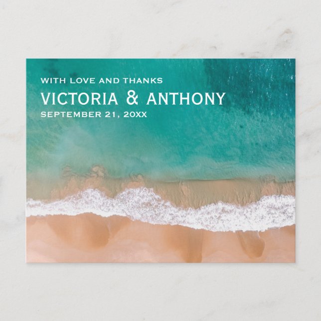 Ocean Wave, Beach Wedding Thank You Postcard (Front)