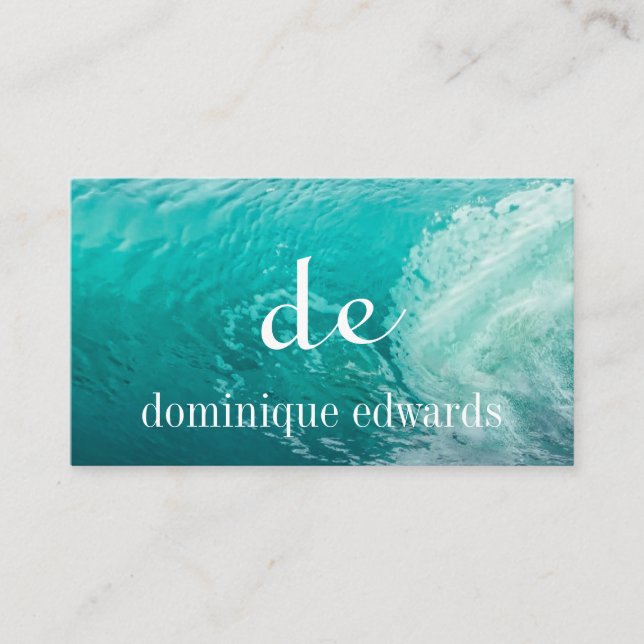 Ocean Wave Blue Modern Monogram Stylish Business Card (Front)